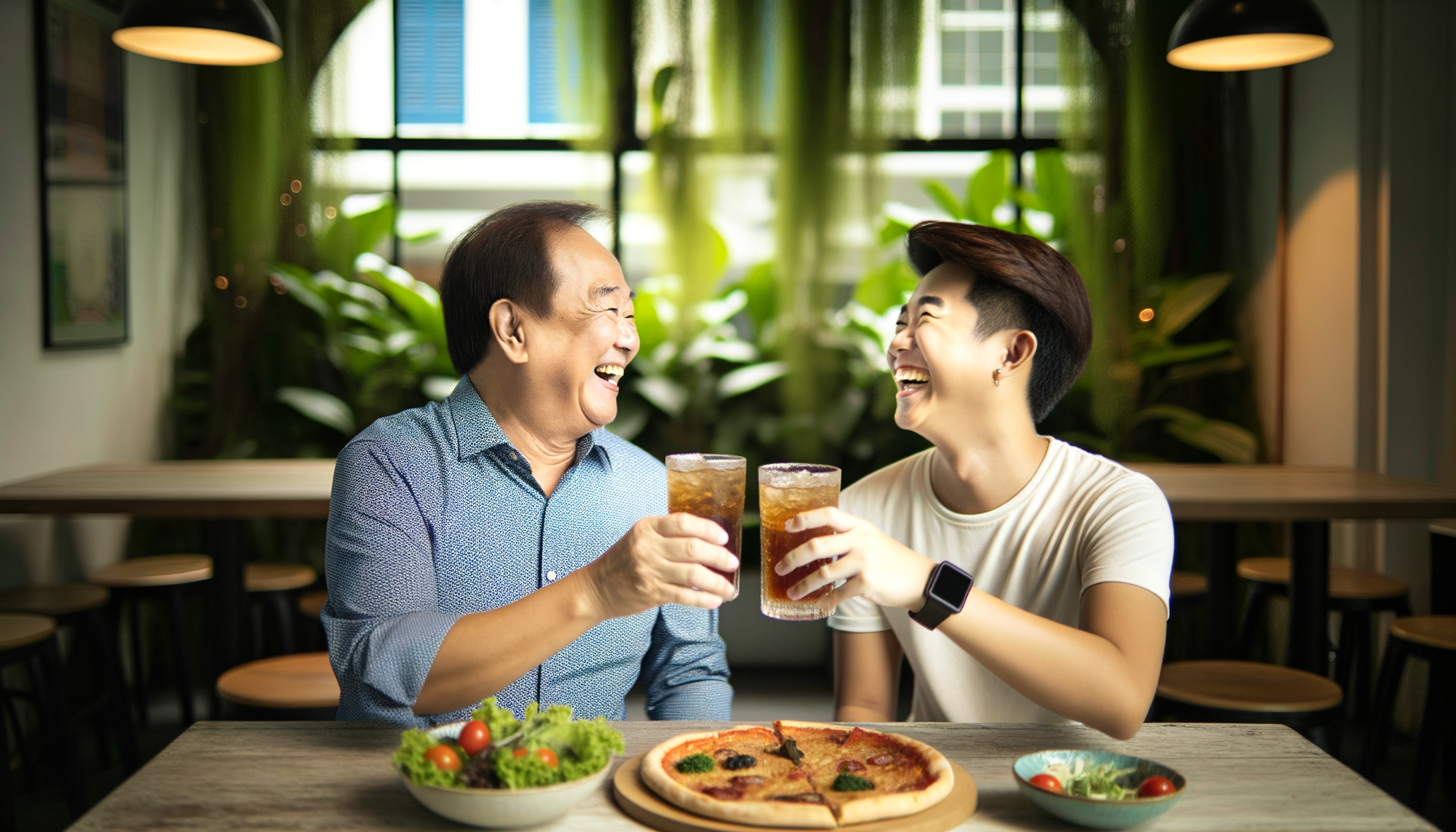A joyful moment between a grandfather and grandson as they toast with drinks over a delicious meal, surrounded by greenery in a cozy restaurant.