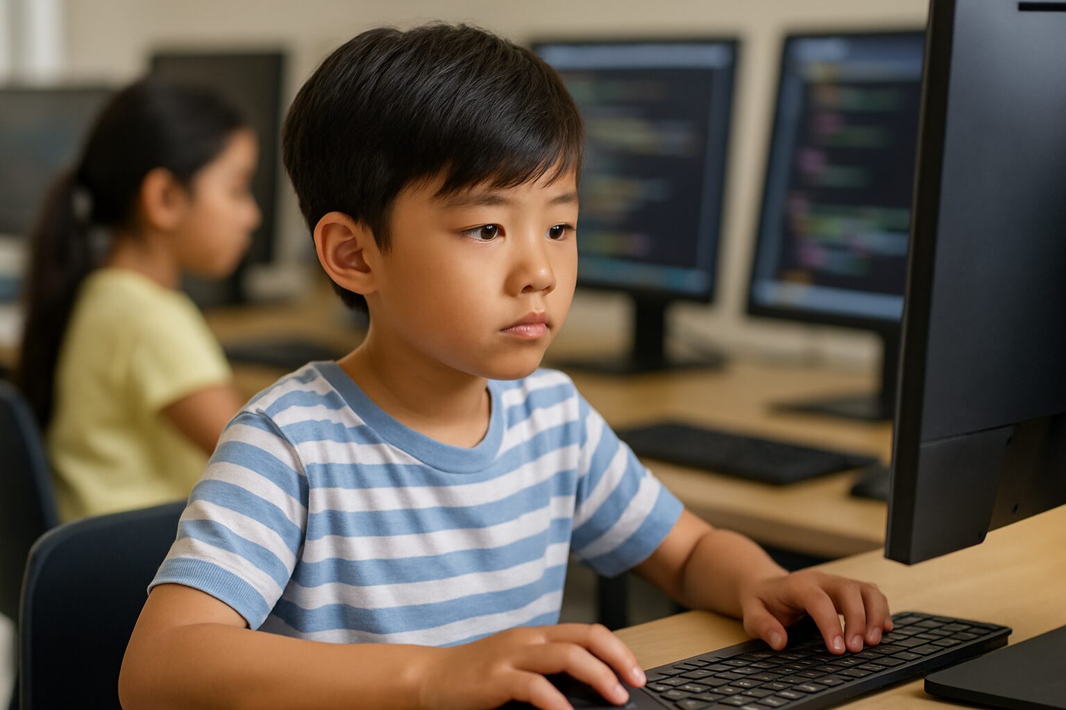 Young child learning to code on a laptop in a Singapore classroom
