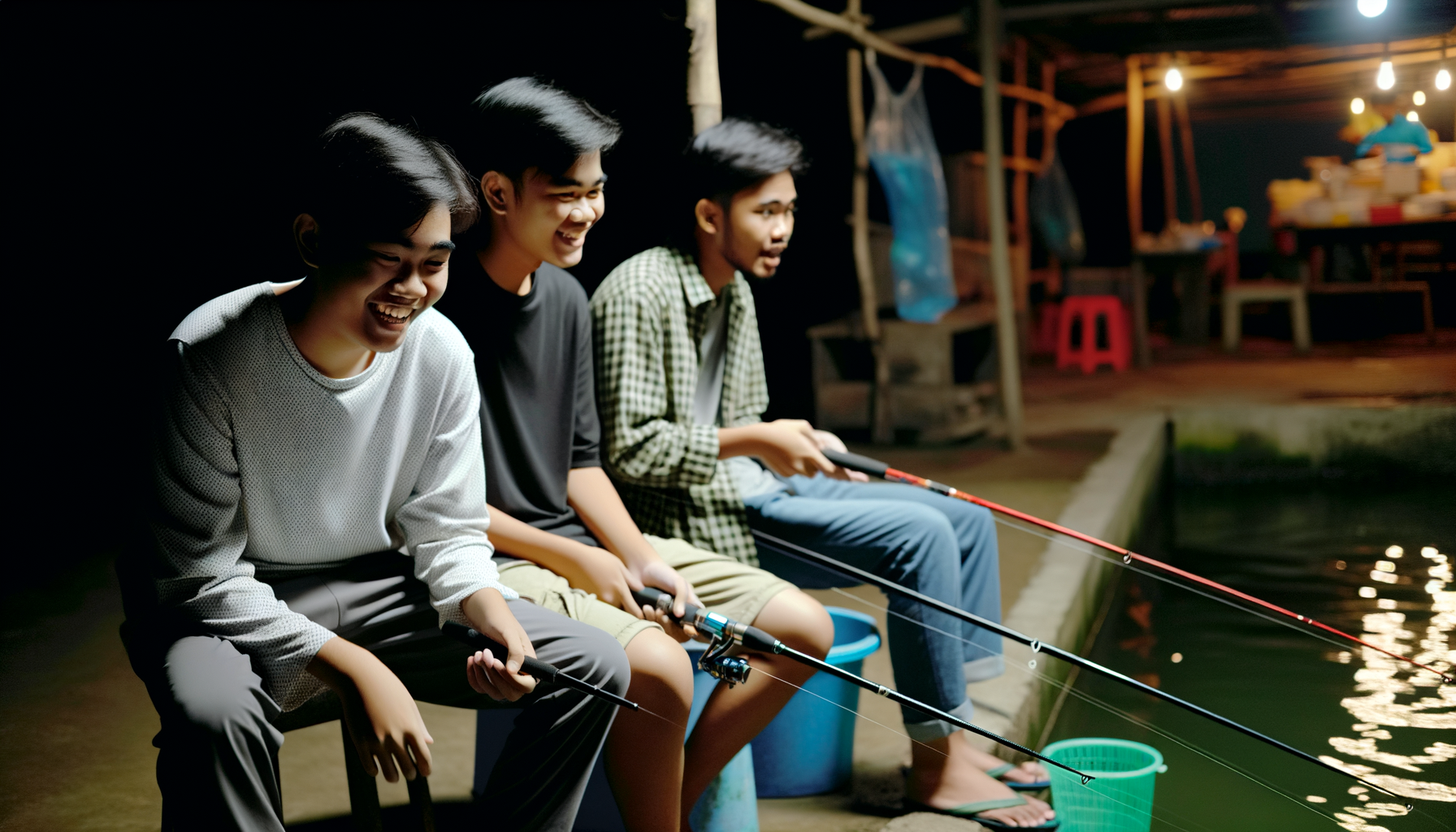 Three friends enjoy a night of fishing together, laughing and sharing stories by the water.
