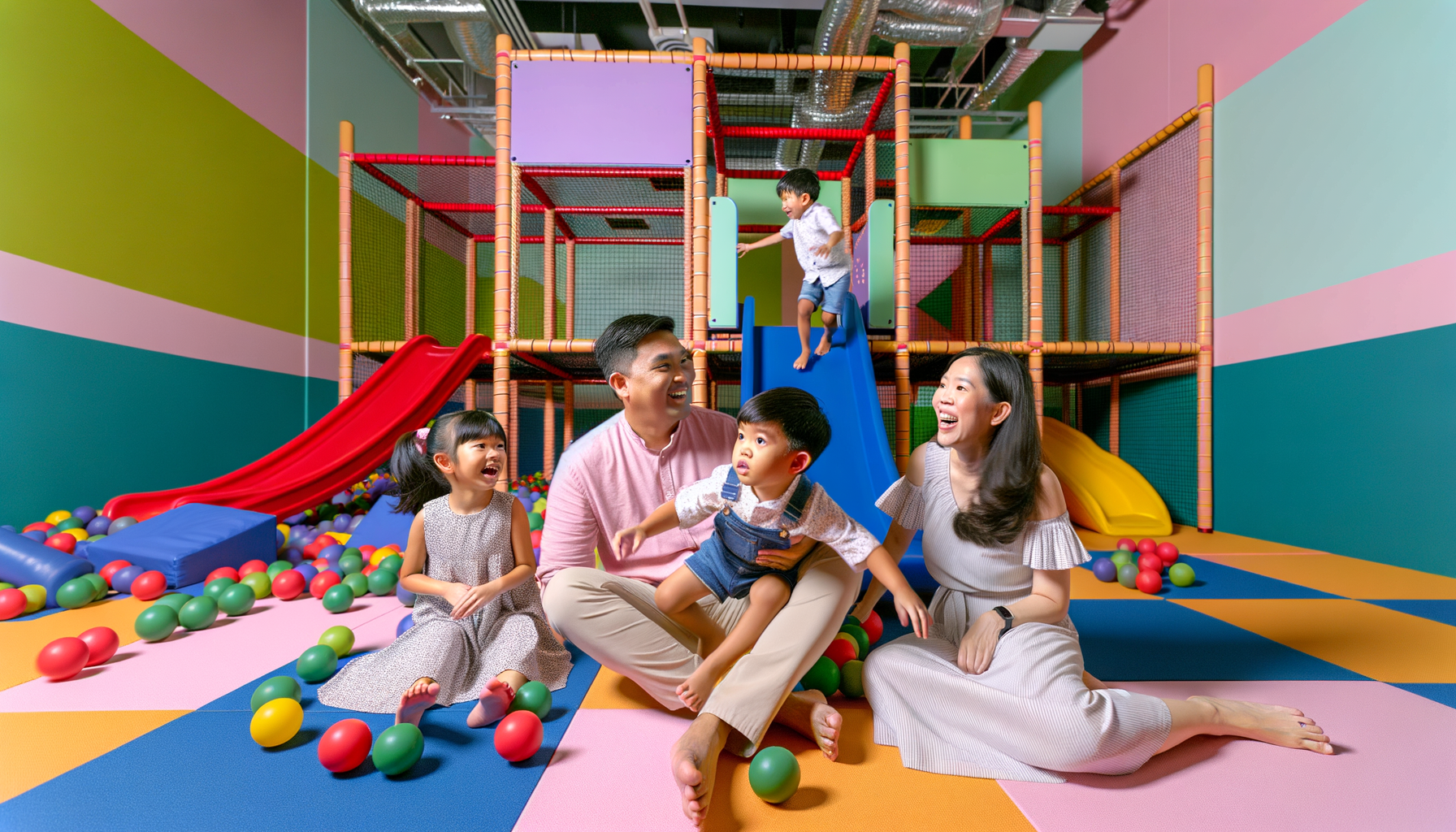 A joyful family enjoying their time at a colorful indoor play area, filled with slides and soft play toys. The children are playing and laughing, capturing a moment of happiness.
