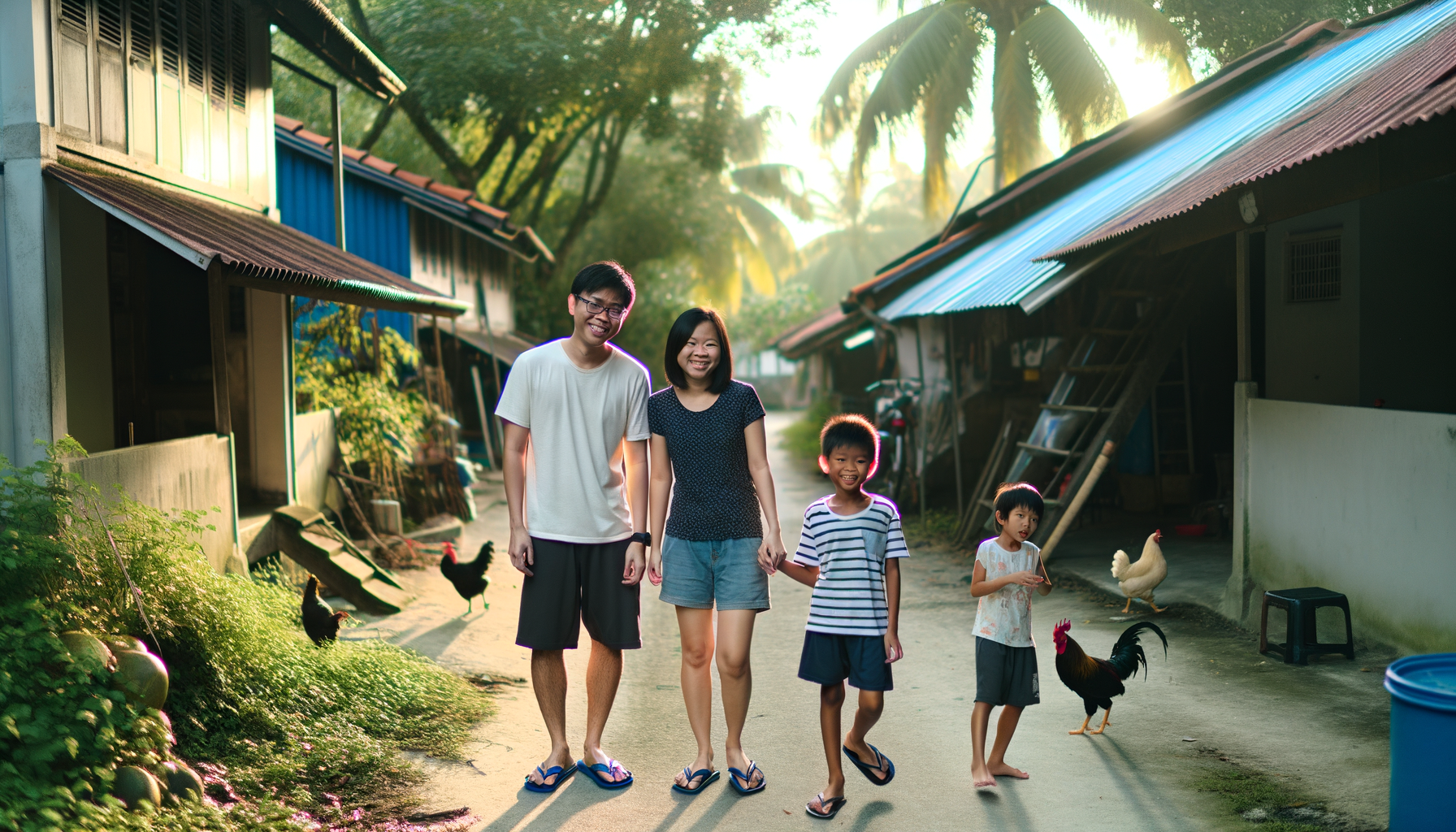 A cheerful family of four stands in a scenic village, surrounded by rustic houses and wandering chickens. The warmth of the sunlight enhances their joyful smiles, creating a picturesque family moment.