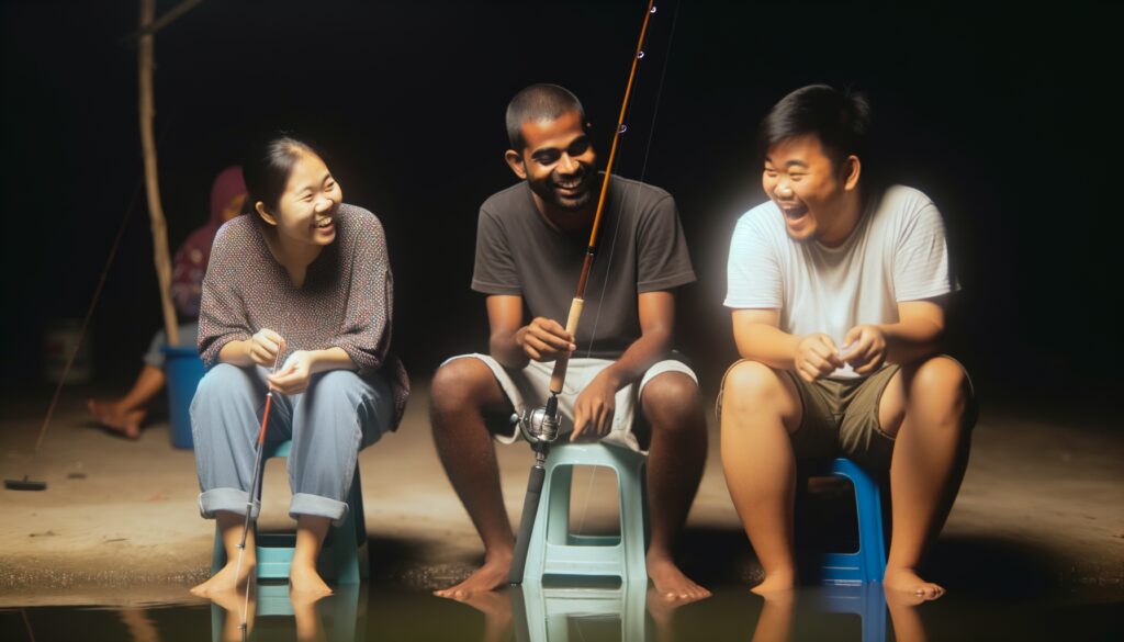 A group of friends enjoying a fun fishing night by the water, laughing and sharing moments under the night sky.