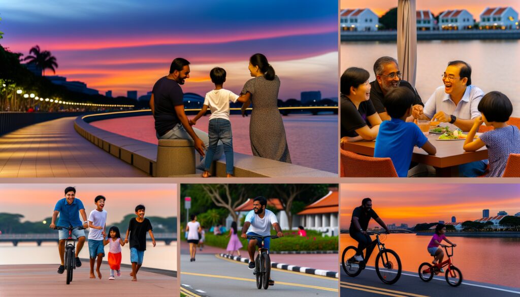 A heartwarming collage capturing families enjoying quality time outdoors at sunset. The image features various scenes of laughter, play, and togetherness along a picturesque waterfront.