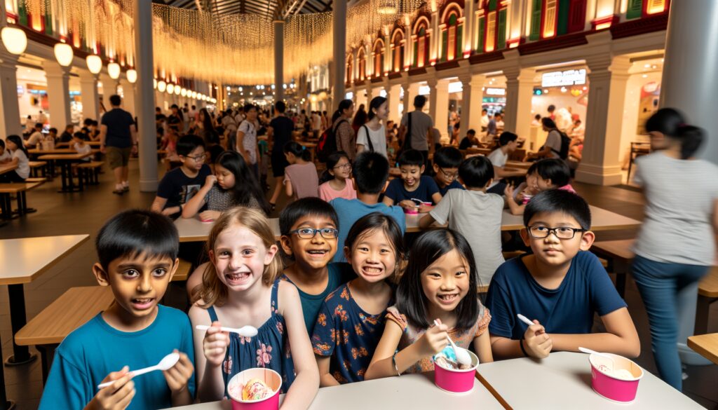 A lively group of children enjoying ice cream together in a bustling food court, capturing the essence of joy and friendship.