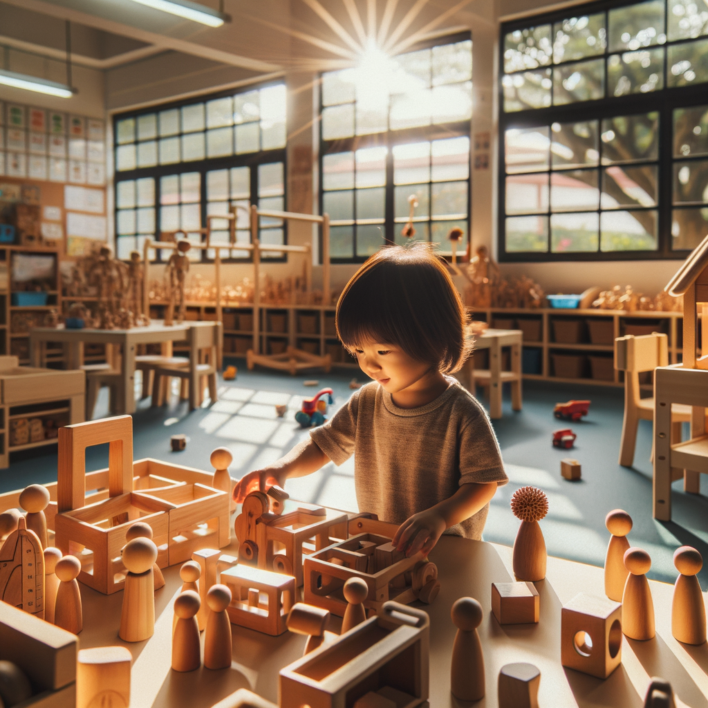 A young child explores creativity and learning in a bright Montessori classroom filled with wooden toys. The warm sunlight filters through the windows, enhancing the joyful atmosphere of play.