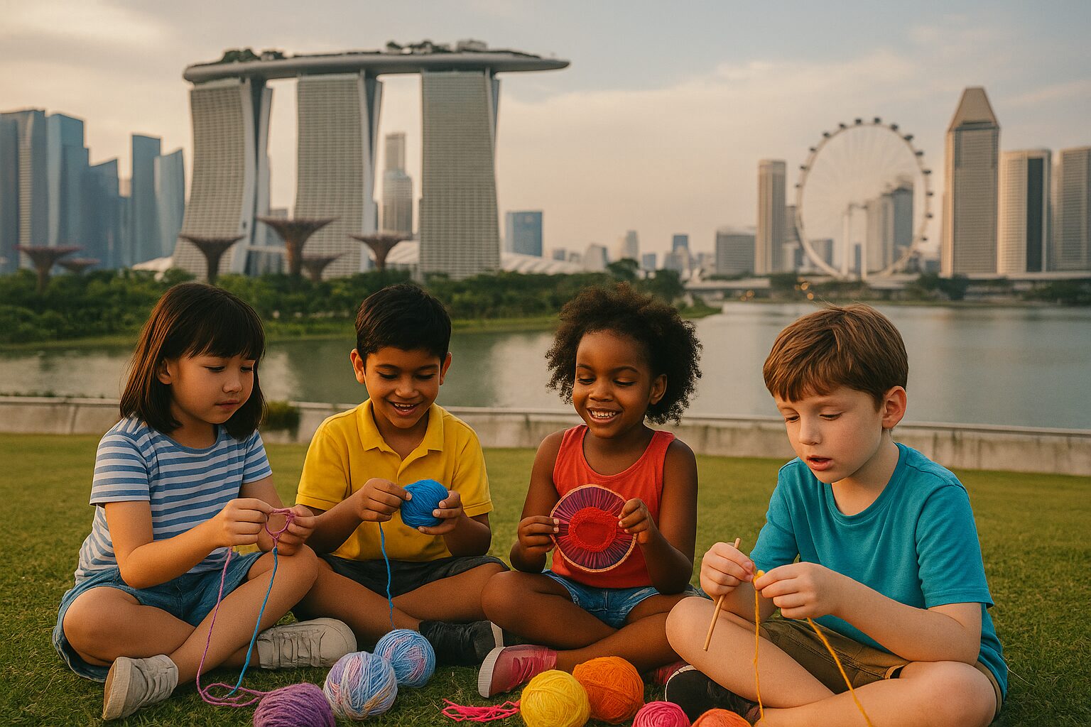 Group of kids doing yarn crafts outdoors with the Singapore skyline in the background