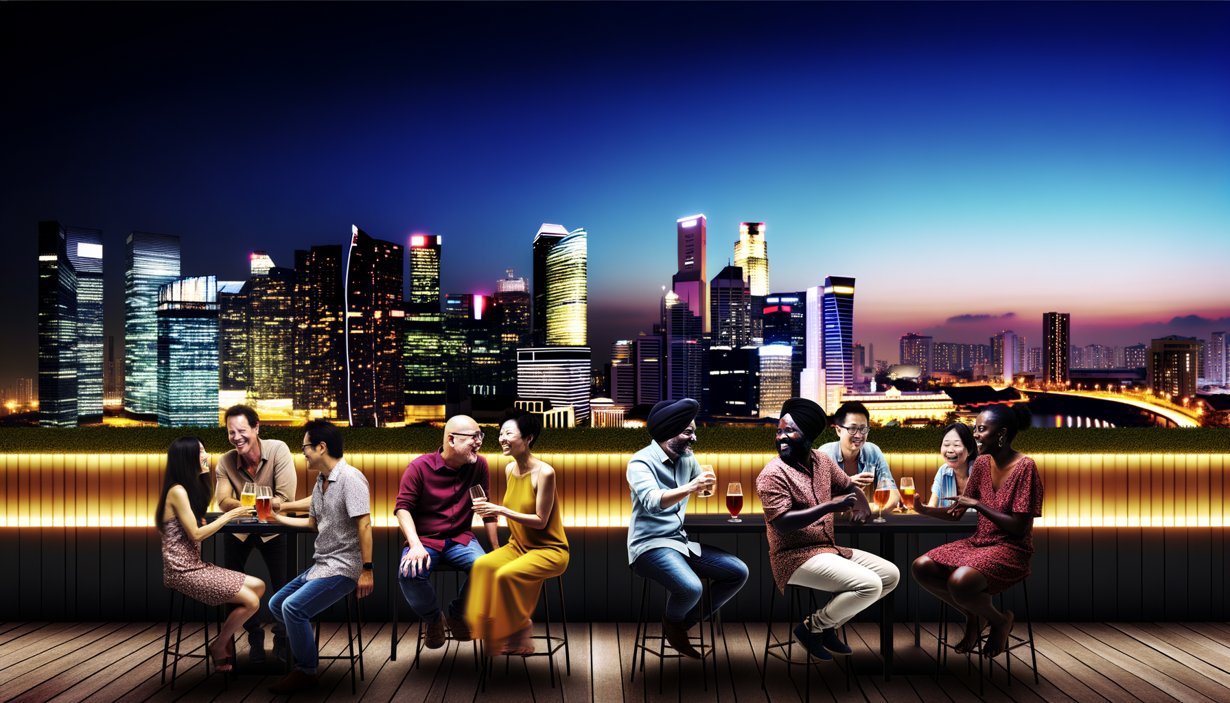 A lively rooftop bar scene in an urban skyline, featuring diverse groups enjoying drinks and conversation against a stunning city backdrop at dusk.